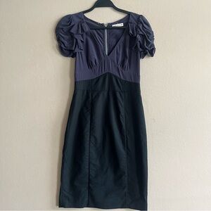 Rebecca Taylor Silk Dress Black‎ Purple Puff Sleeves Size 4 Sweetheart Neckline